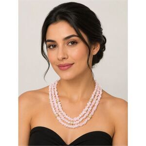 NWOT St. John Pink Three Strand Rose Quartz Beaded Necklace w/Crystals Designer